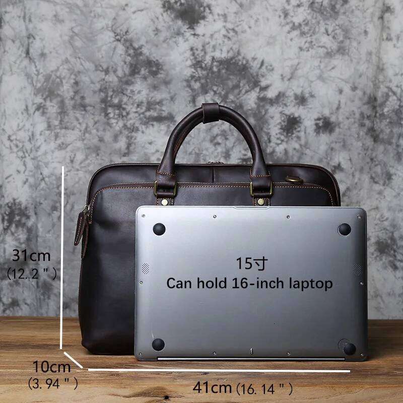 NZPJ Vintage Handmade Leather Handbag Top Layer Cowhide Large-Capacity Business Computer Men's Shoulder Diagonal Bag