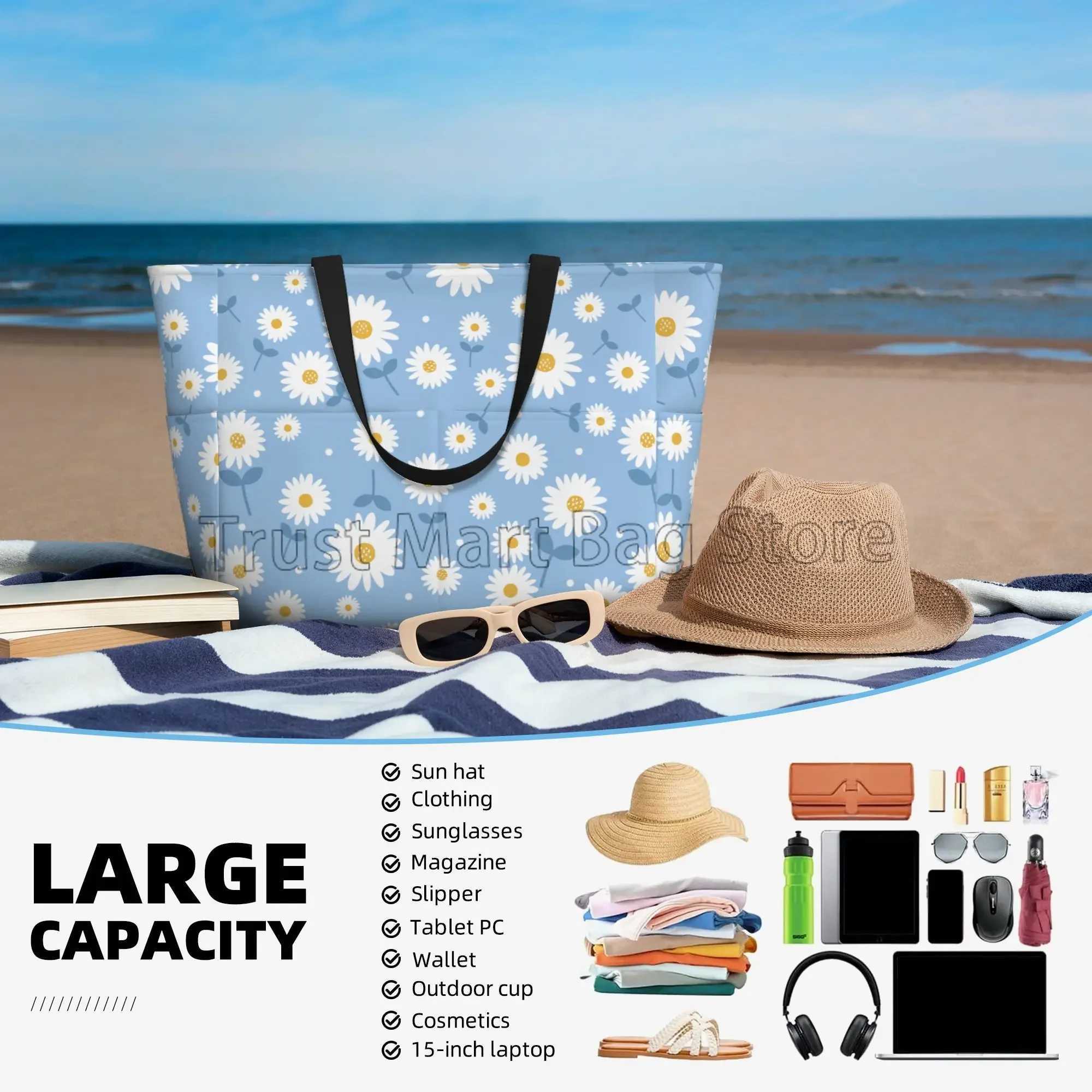 Daisy Floral Large Beach Tote Bag Waterproof Sandproof Zipper Beach Tote Bags for Pool Swim Gym Grocery Travel B250618