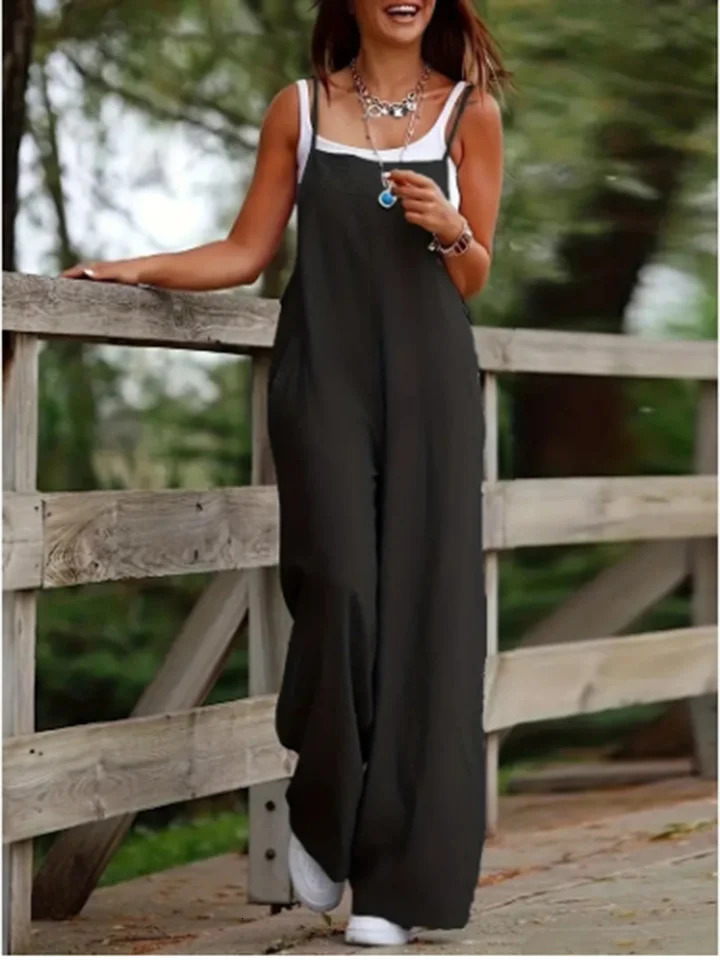 Womens Sleeveless Jumpsuit with Suspender Loose Casual Pocket Monochromatic Summer 250618