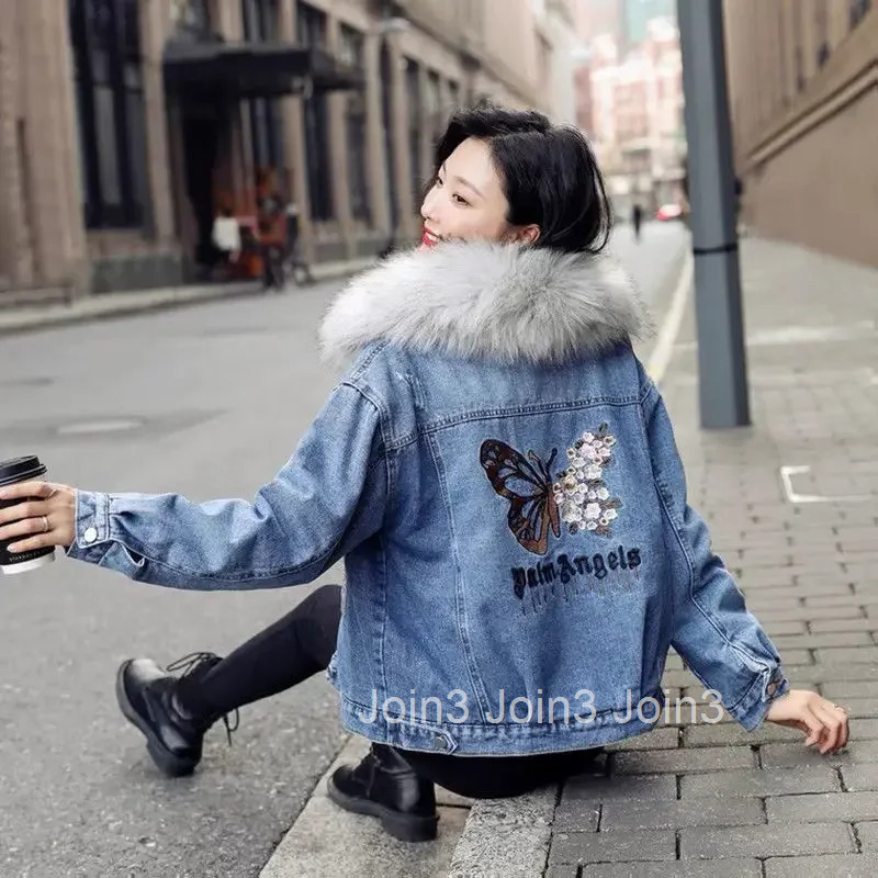 Warm Cowboy Coat Woman Embroidered Long Sleeve Winter 2025 Denim Jacket for Women Cold Y2k Clothes Youthful Low Cost Designer
