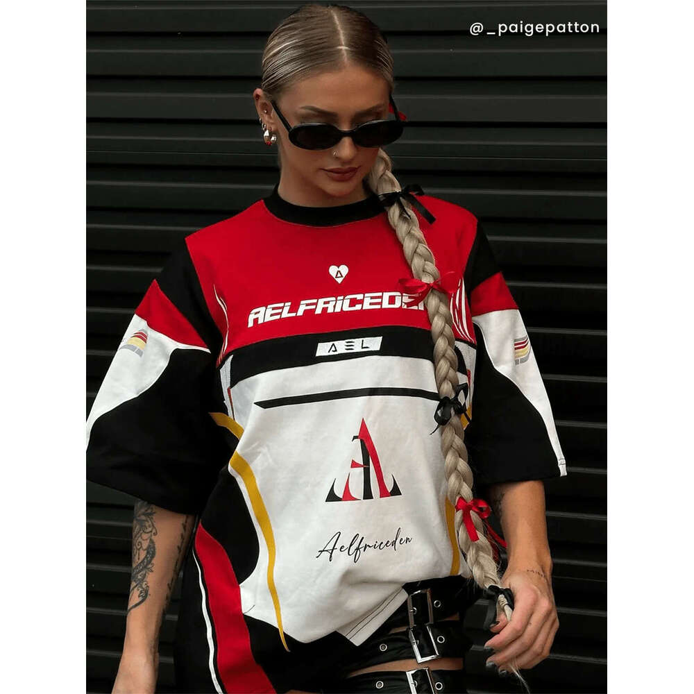 Autumn New Trendy Fashion Printed Motorcycle Style High Street American Short Sleeve Top Color Block T-Shirt For Women B5