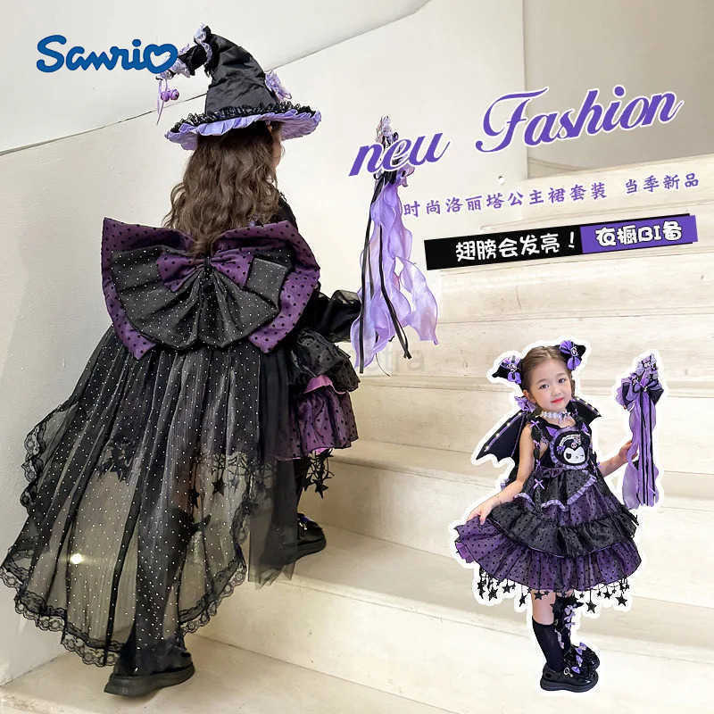 Sanrio Halloween Kuromi Dress Girls Dress 2024 New Autumn/Winter Collection Childrens Elegant Birthday Princess Dress TailXJ250618