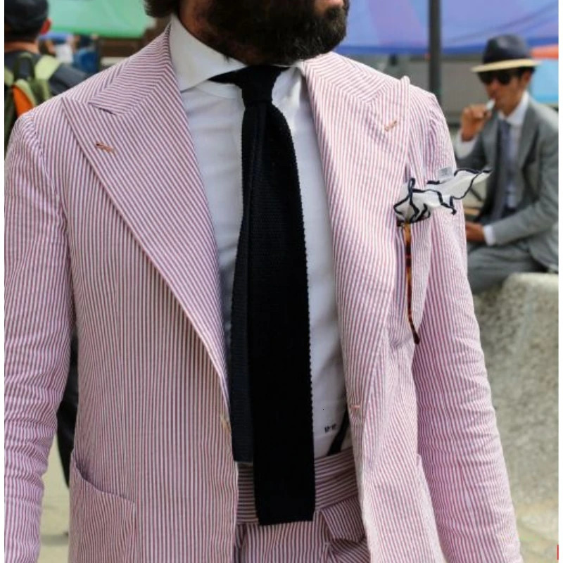Dark Pink Seersucker Stripe Men Suits Peaked Lapel One Button Blazer Pants 2Pcs Set Mens Clothing Summer Beach Suits for Man 250618