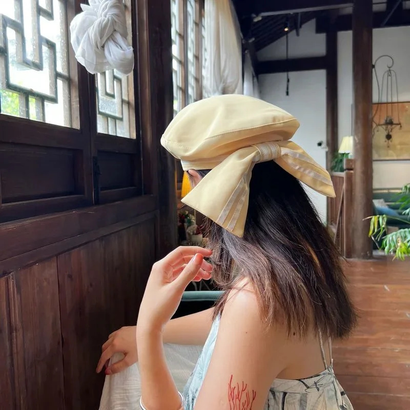 Oversized Bow Beret for Women Summer Ins Striped er Berets Hat Niche Painter Cap Japanese Sailor Hats 250604