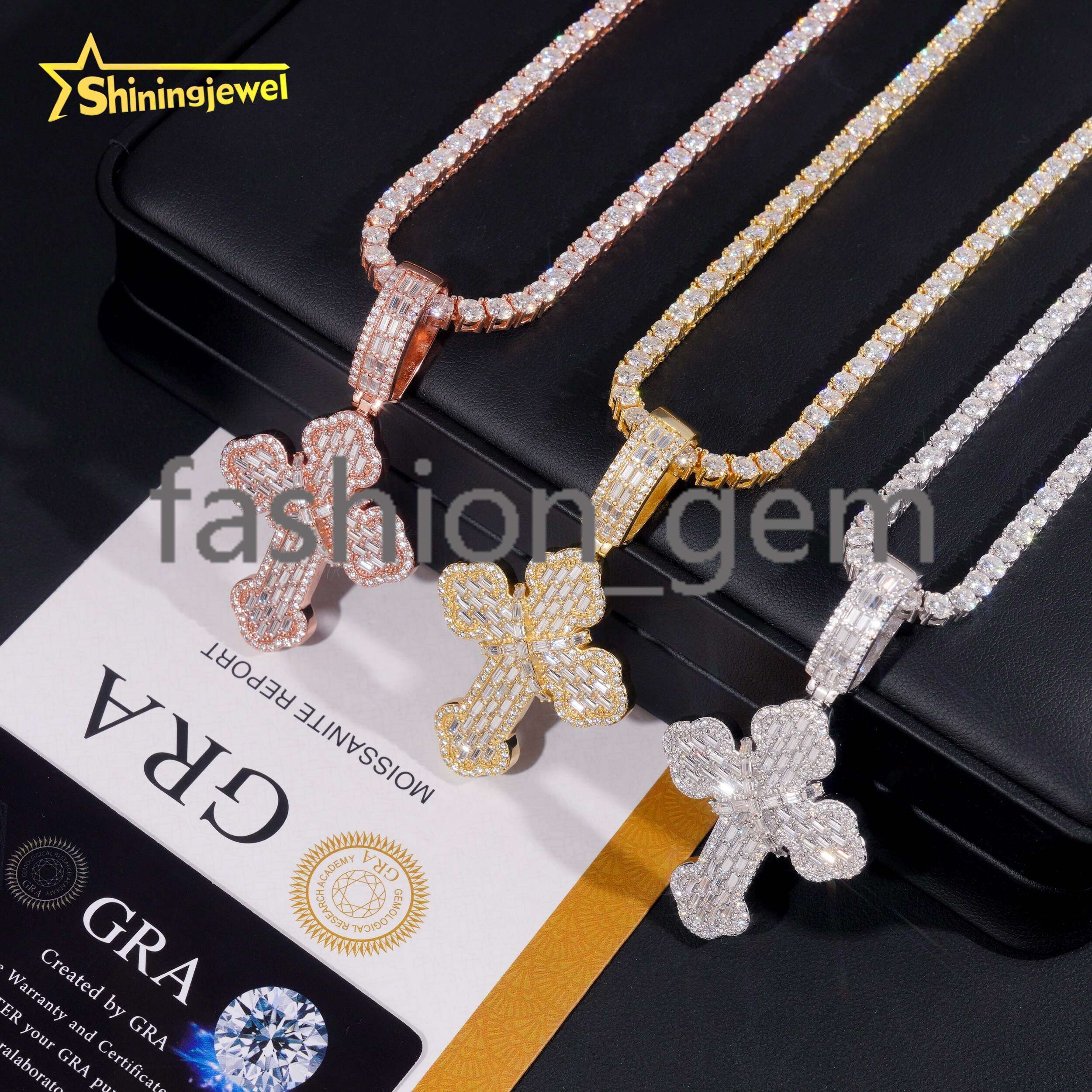 New Design Hip Hop Cross Baguette Moissanite Pendant S925 Gold Plated Moissanite Pass Diamond Test Pendant Ready to Ship