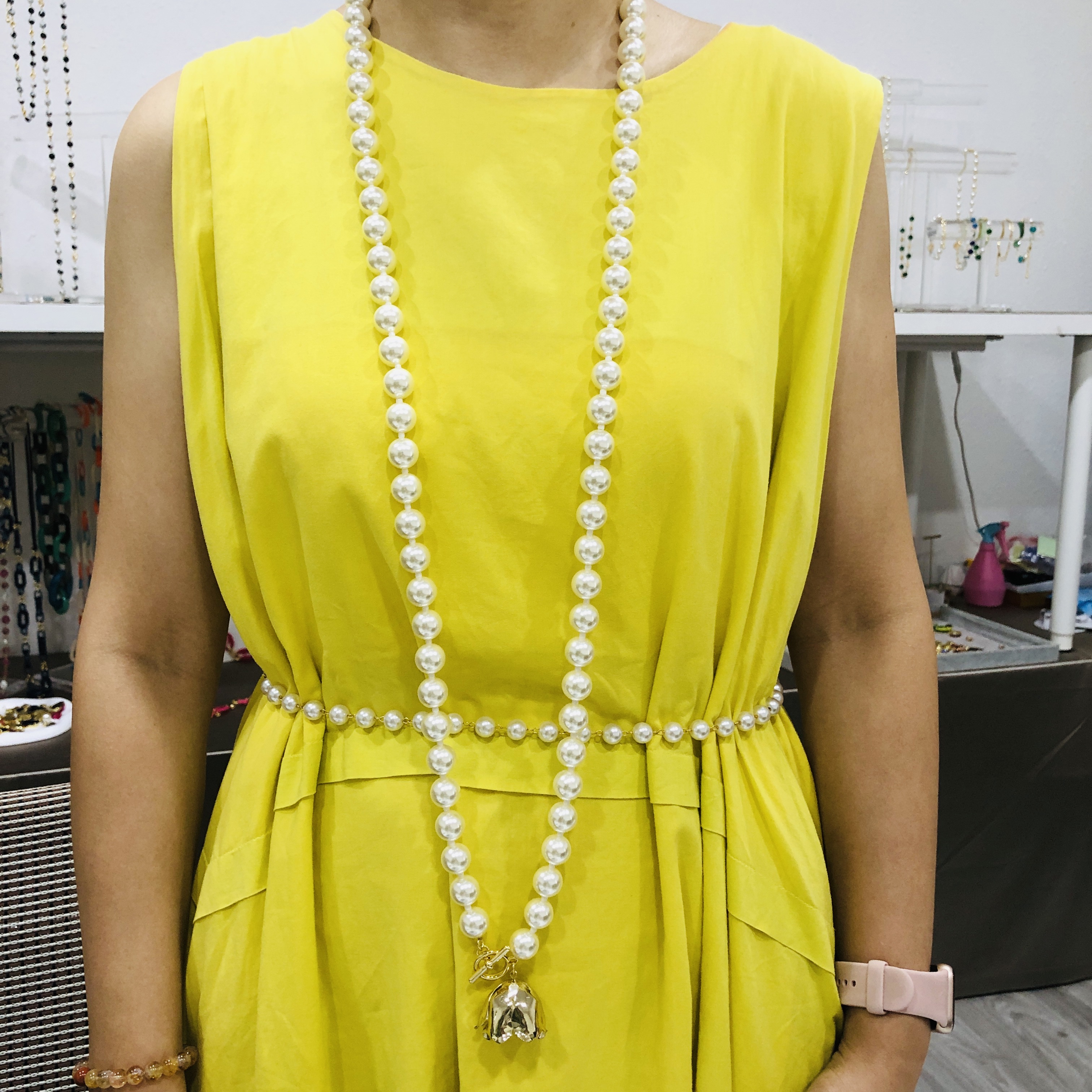ADITA Long pearl necklace, 120cm, stainless steel metal flower, flowers can be adjusted to bloom. High quality necklace that never fades premium gifts