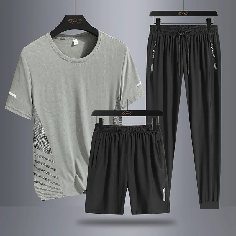 Mens Ice Silk Quick Drying Three Piece Set with Round Neck Short Sleeved T-shirt Comfortable Sports Sets Casual Pants Shorts 250617