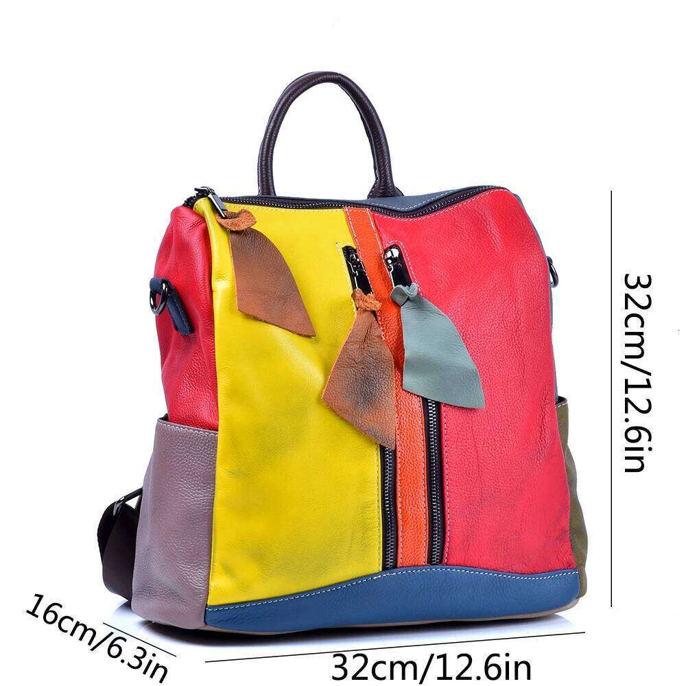 Genuine Leather Cowhide Women Backpack Colorful Vintage Clash Casual Handmade Women's Shoulder Bags
