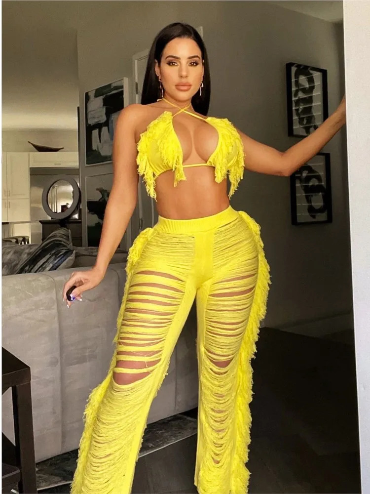 Sexy Women Knitted Set Two Piece Halter Backless Bra Crop Top Pants Crocheted 2 Pieces Hollow Out Crochet Beach Set 250617