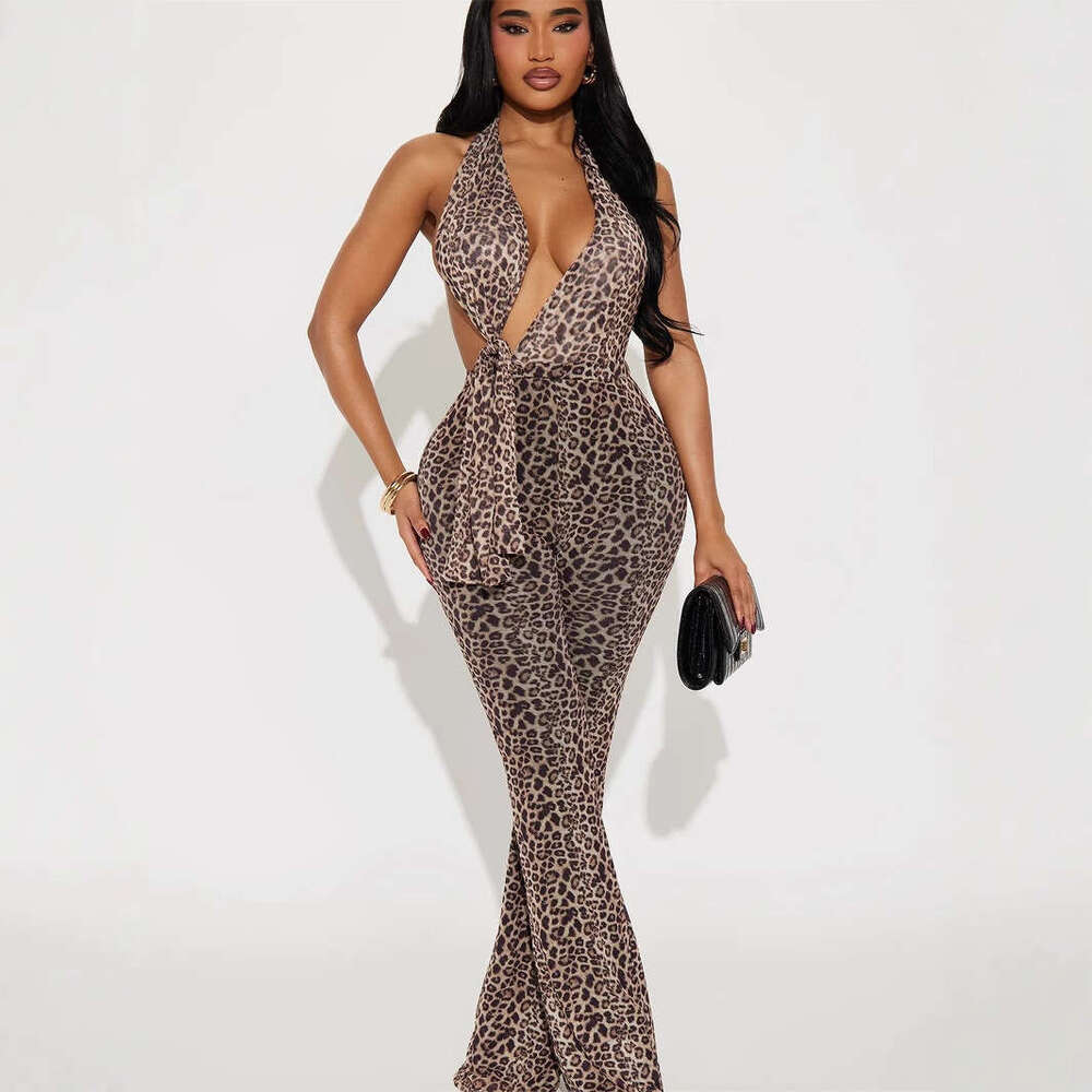 Women's Fashion Sexy Hot Girl Halter Tie Tight Printed Leopard Backless Hip-Lifting Jumpsuit B5
