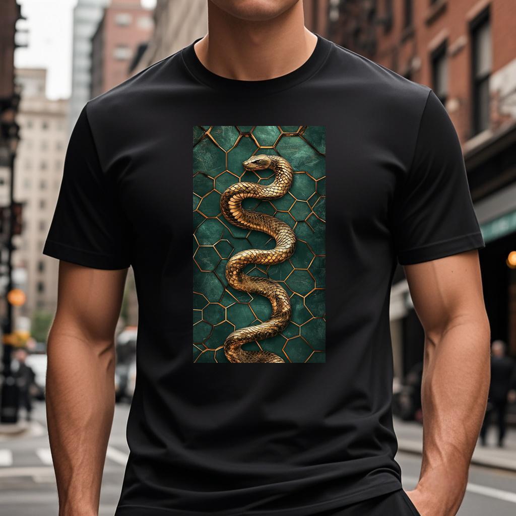 T-shirt with a gold snake on it ' s chest T Shirts Round collar