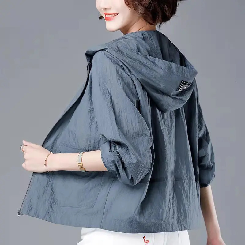 Korean Fashion Summer Casaco Feminino Solid Color Womens Spring Jacket 2025 All-Match Jackets Hooded Thin Sunscreen Coat 250617