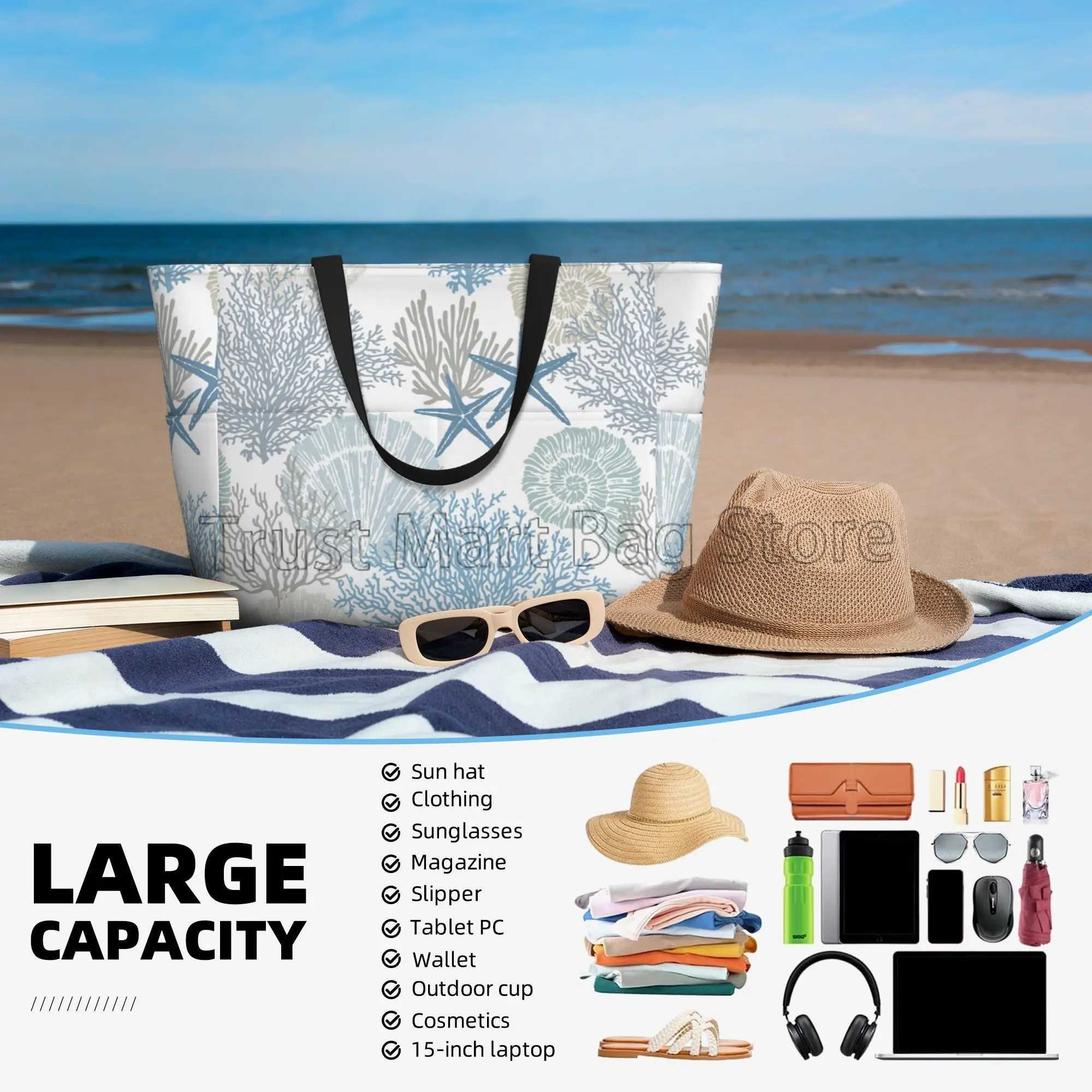 Summer Ocean Themed Seashell Coral Starfish Large Waterproof Beach Bag Women Sandproof Pool Tote Bag for Travel Vacation Swim W250618