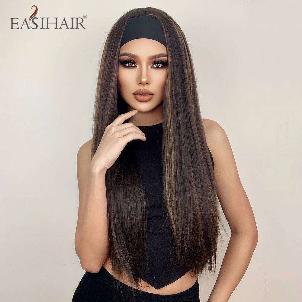 EASIHAIR Synthetic Long Straight Brown Highlight Golden Headband Wigs for Black Women Daily Cosplay Heat Resistant