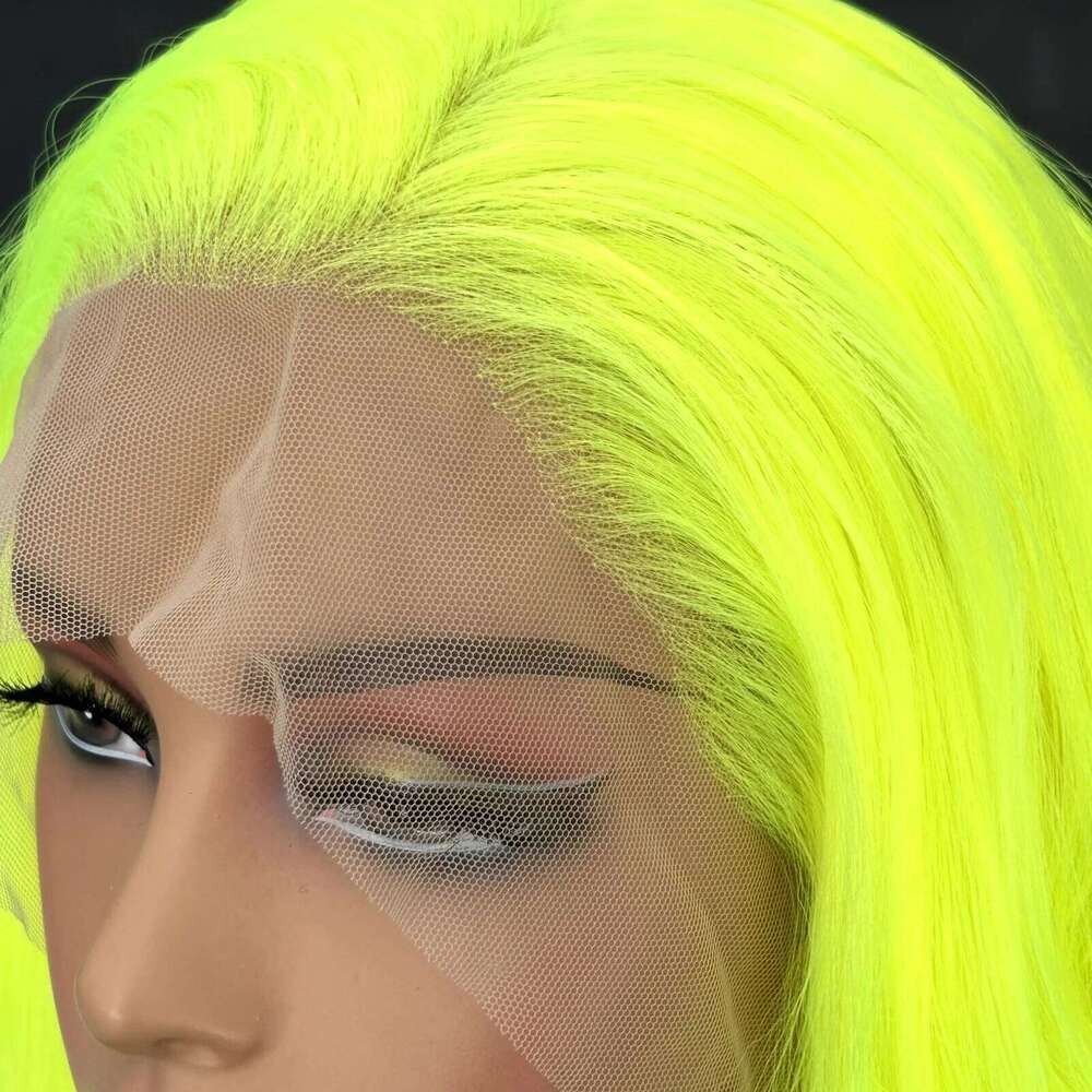 Short Curly Wavy Bob Women Synthetic Free Part Shoulder Length Neon Green 13X4 Lace Front Wigs for Party Cosplay