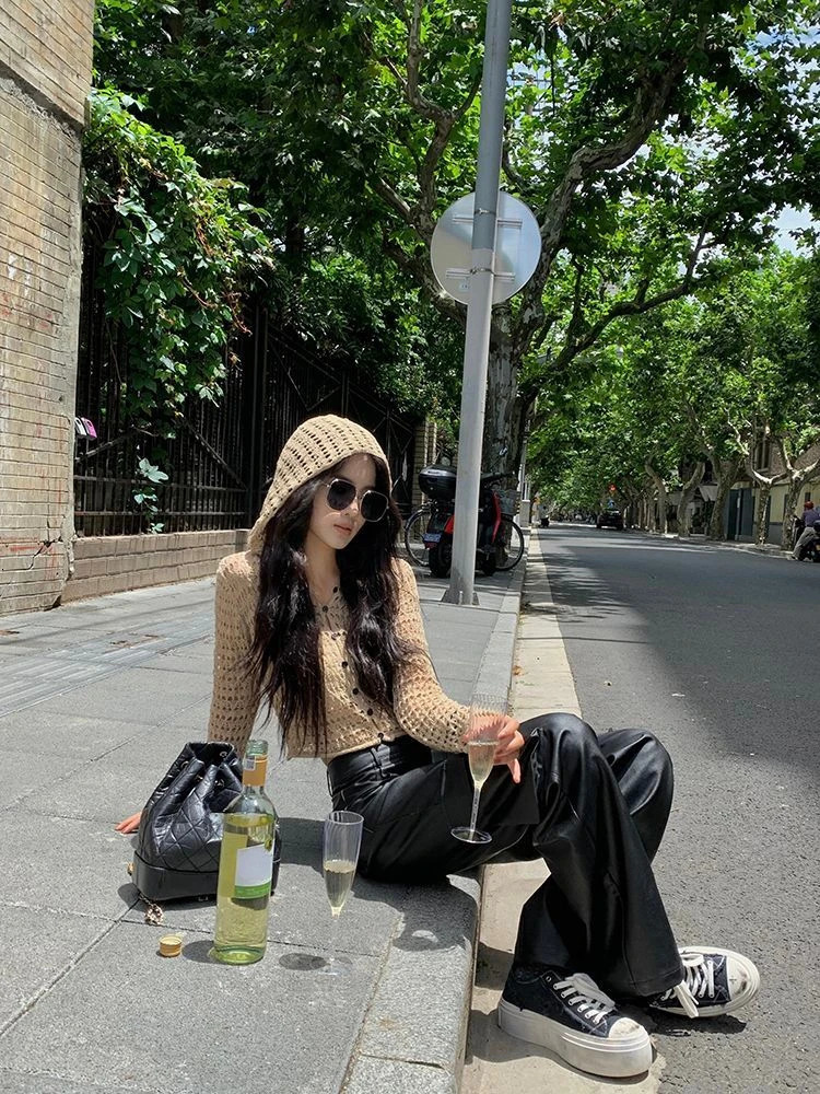 Fashion Cardigan Y2k Coat Solid Color Hollow Out Hooded Long Sleeve Short Smock Thin Summer Female Slim Womens Clothing 250617