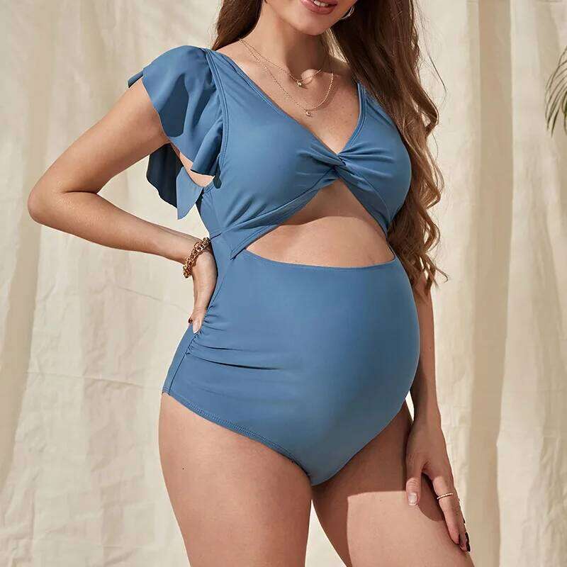 European and American women's new fashionable solid color loose short sleeved cover belly support one piece pregnancy swimwear