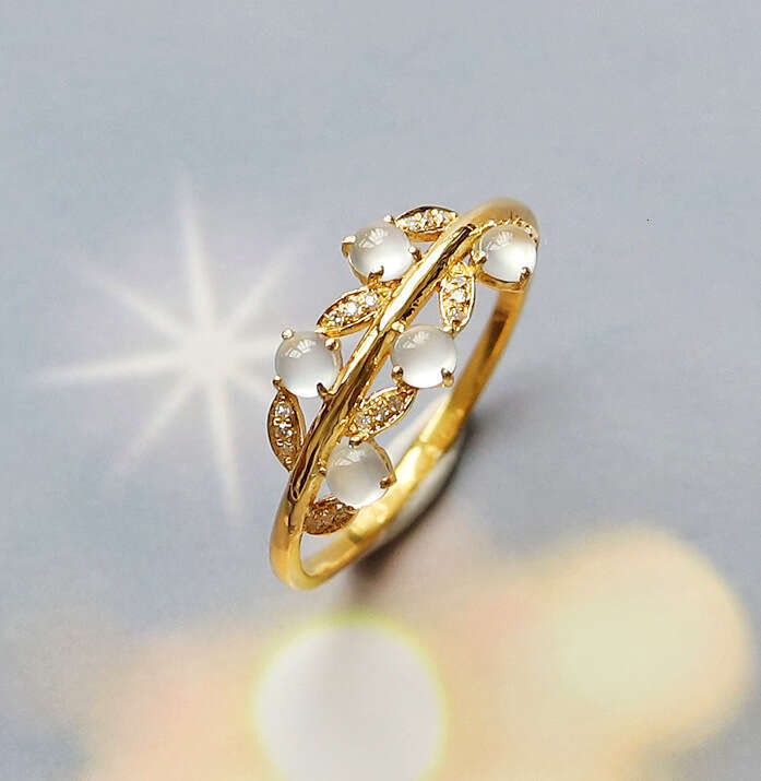 Vintage for Women Inlaid with High Imitation White Ice Egg Surface Leaf Adjustable Ring Light Luxury Trendy Niche Ins