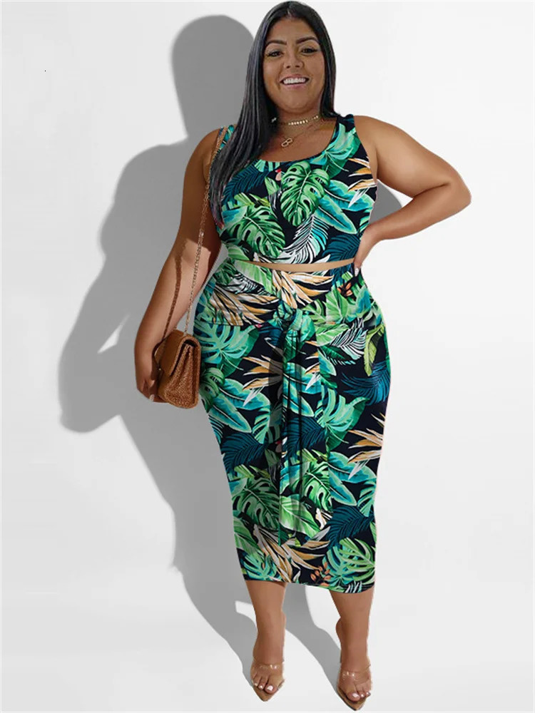 Wmstar Plus Size Dress Sets Women Clothing Floral Printed Two Piece Set Crop Top Bandage Skirts Matching Wholesale Drop 250609
