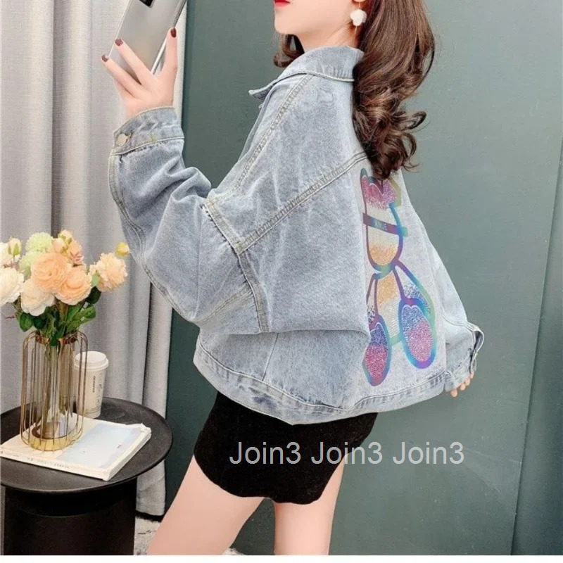 Cowboy Coat Woman Spring Autumn With Rhinestones Diamonds Sequin Small Denim Jacket for Women Short Crop 2025 Models Cheap Trend