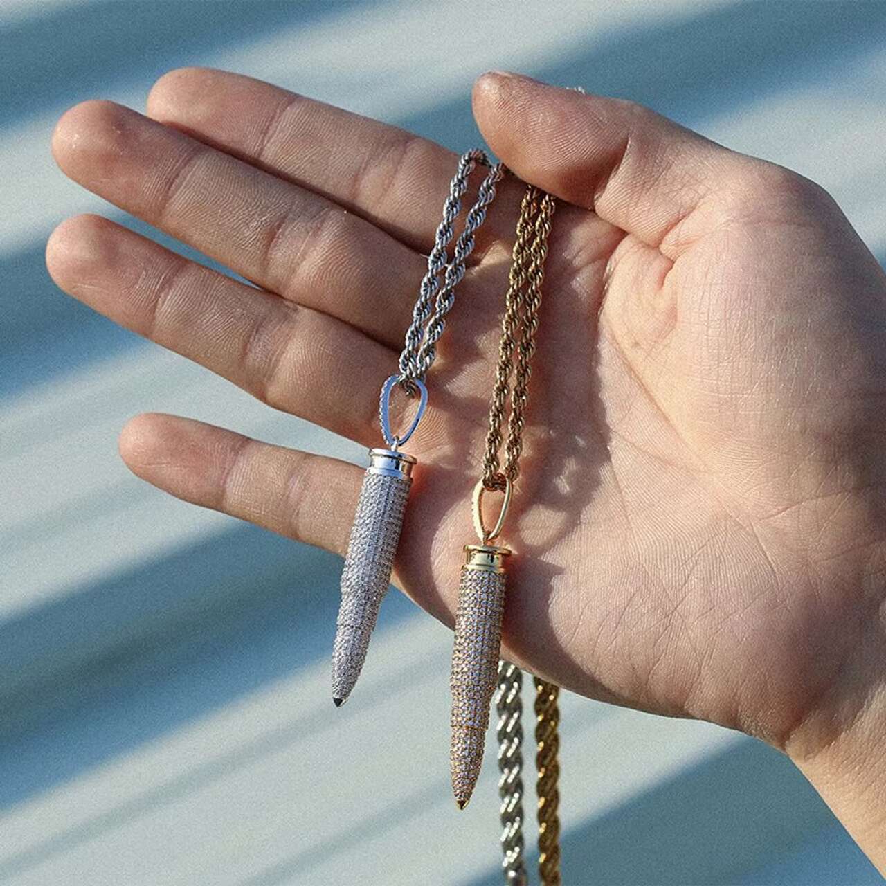 New Arrival 14K Gold Plated VVS Moissanite Diamond Pendant Necklace Bullet Design in Hip Hop Style Iced Gemstone Necklace