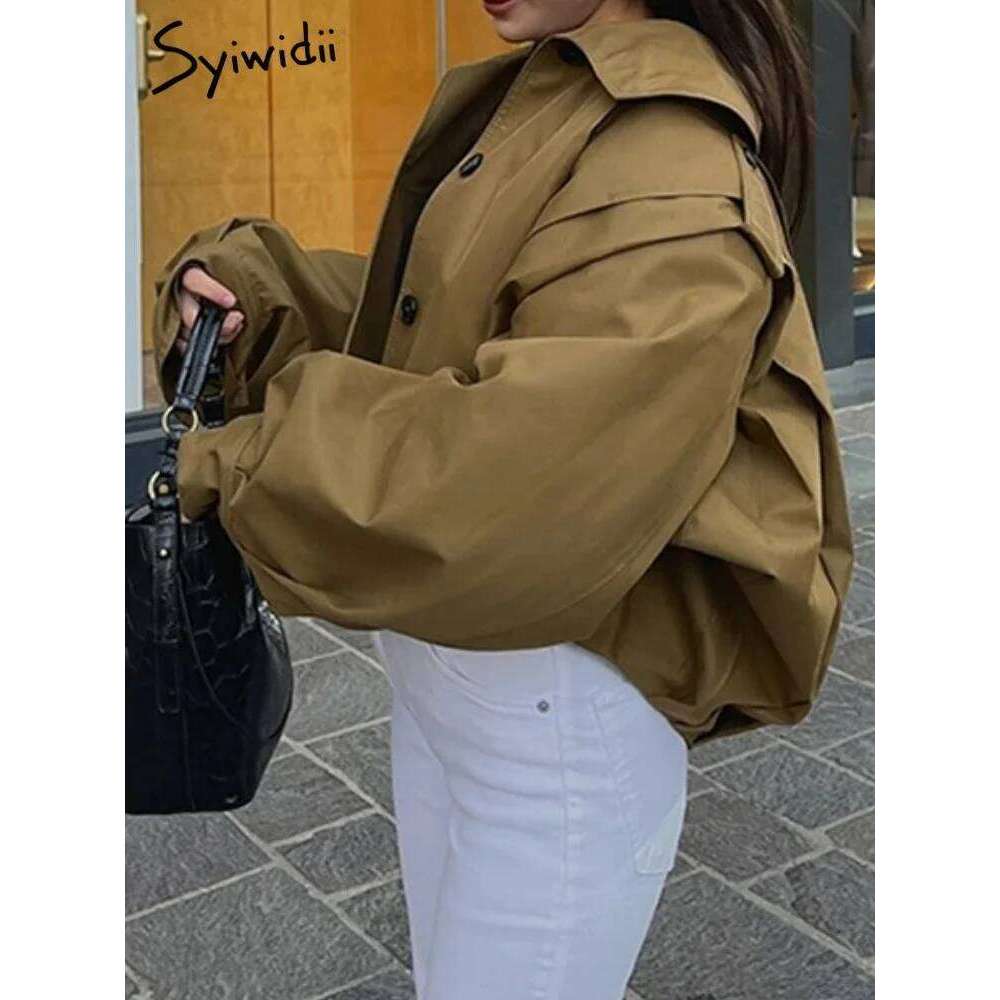 Syiwidii Fashion Single Breasted Jackets for Women Loose Lapel Pleated Long Sleeve Coat 2025 New Temperament Commuting Outerwear