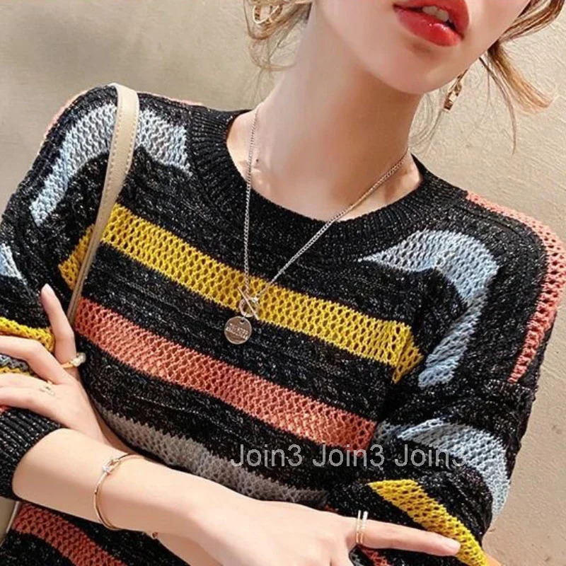Womens Sweater Round O Neck Knit Tops for Woman Blue Mesh Pullovers Y2k Vintage Trend 2025 Korean Luxury Cold Winter Fashion