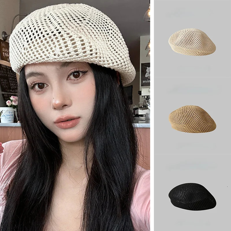 Korean Straw Woven Berets for Women Summer Thin Hollow Mesh Painter Cap Solid Color Breathable Female Lady Pumpkin Hats 250604