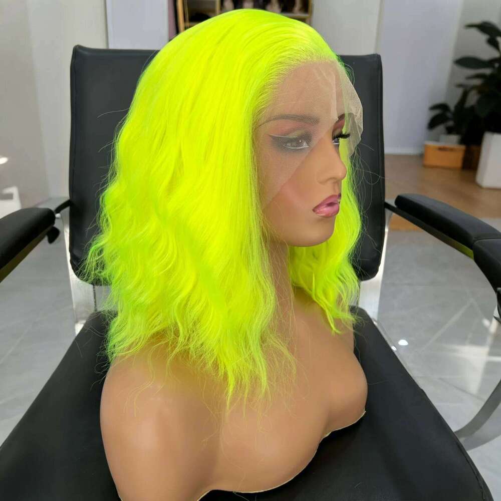 Short Curly Wavy Bob Women Synthetic Free Part Shoulder Length Neon Green 13X4 Lace Front Wigs for Party Cosplay