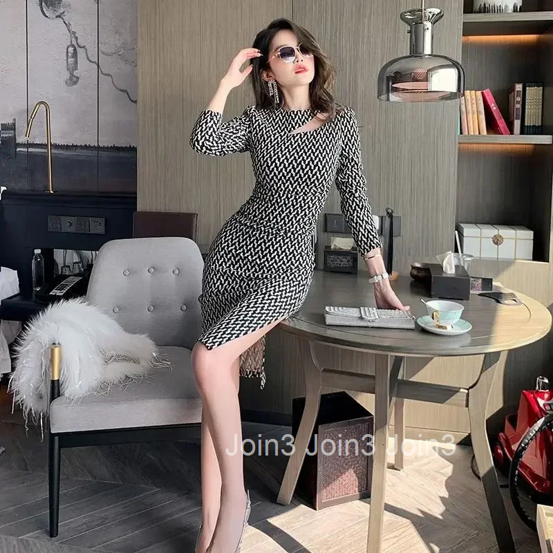 Womens Long Sleeve Dresses Spring Autumn Midi Hollow Female Dress Kpop On Sales Outfits Curvy Trendy Korean Style Aesthetic Xxl