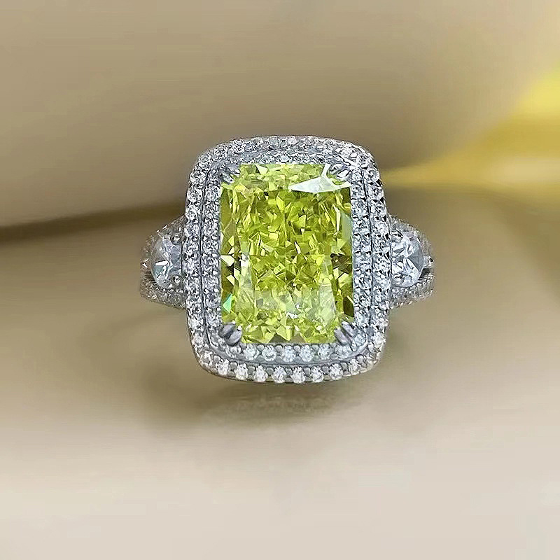 Elegant Olive Colored Gemstone Ring 925 Sterling Silver 8x11mm Brilliant Cut Cubic Zirconia Stones