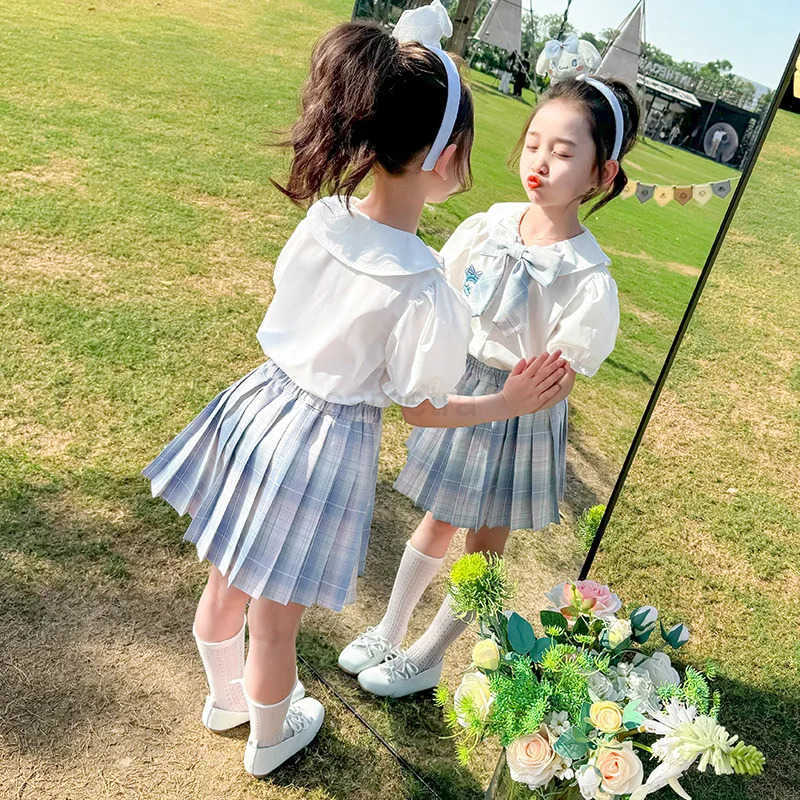 Sanrio 2025new Sanrio Cinnamoroll Jk Pleated Skirt Two-Piece Set Children Birthday Party Costume Gift Girls Summer Clothes Dress SuitXJ250618