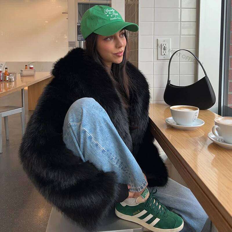 Neo Mint Street Fashion Shawl Collar Faux Fox Coat Women 2024 Winter Cool Girls Black Short Fur Jacket Vintage Chic Overcoat