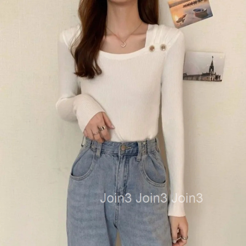 Square Neck Knit Tops for Woman Cute Winter Button Purple Kawaii Womens Sweater Cold Streetwear Korean Fashion Long Sleeve 2025