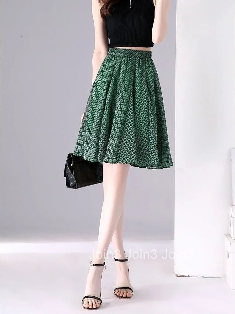 Midi High Waist Chiffon Green Woman Skirt Luxury Elegant Vintage Y2k A Line Streetwear Korean Style Premium V Skirts for Women