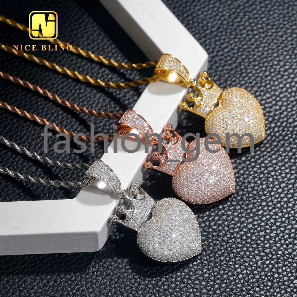 Fine Jewelry Hip Hop Pendants Iced Out Heart Shape Charm Pendant Crown Bale 925 Sterling Silver Moissanite Diamond Pendants
