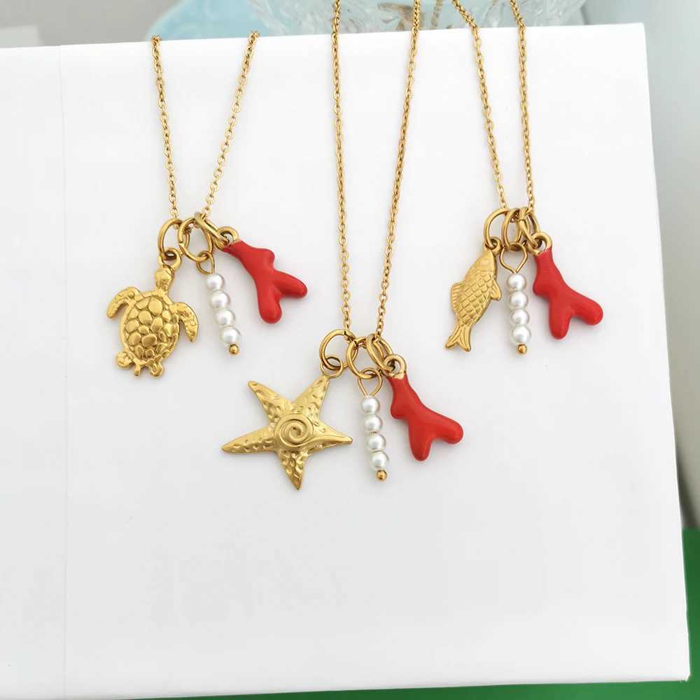 QMHJE Women Necklace Stainless Steel Ocean Starfish Fish Shell Pearl Coral Multiple Pendants Slim Choker Gold Color Wholesale W250618