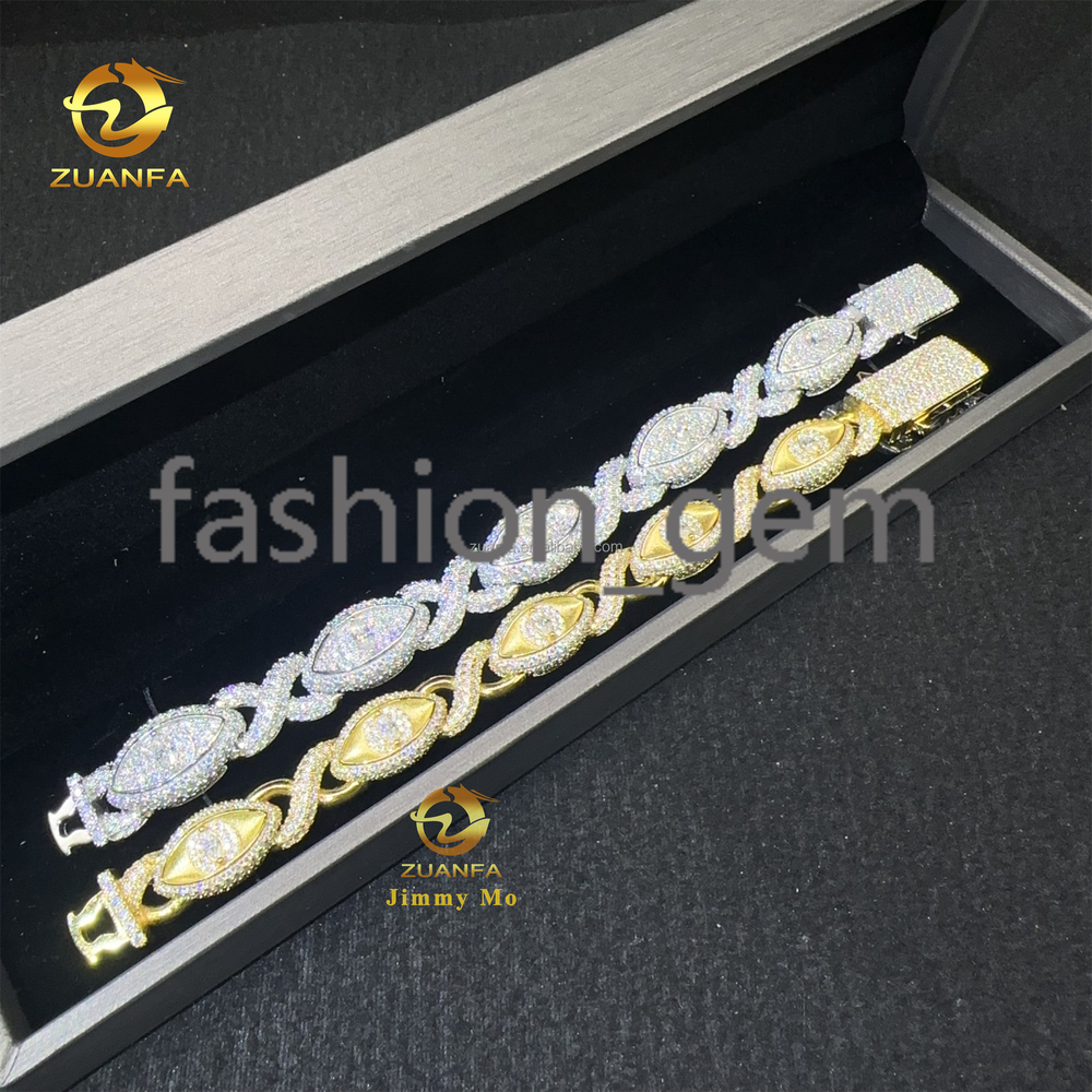 Wholesale Price 10mm 13mm Silver Real Gold Plated Hip Hop Jewelry Iced Out Moissanite Diamond Evil Eyes Infinity Cuban Bracelet