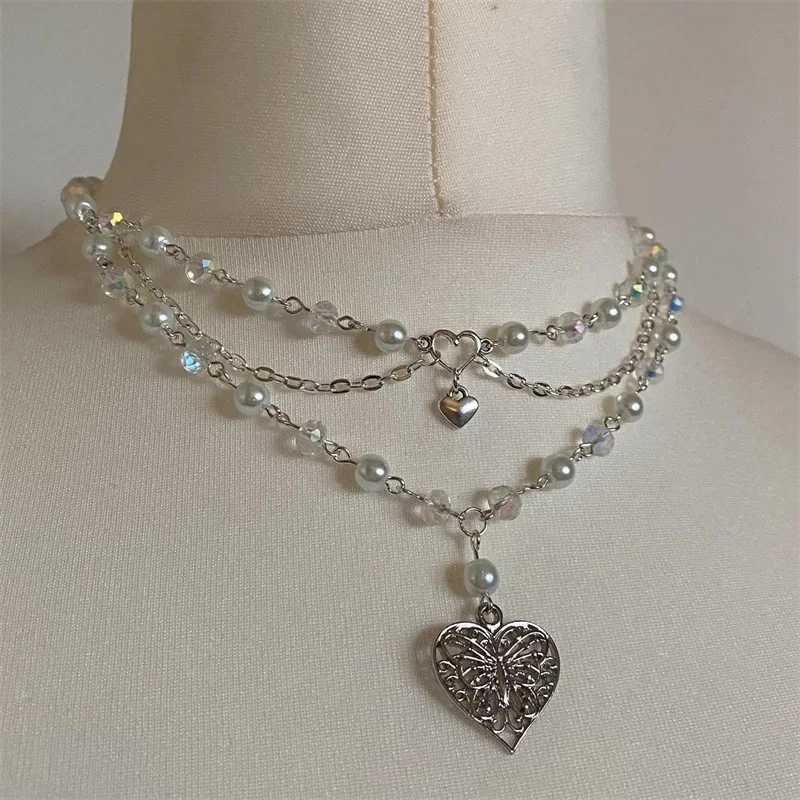 Pearls Butterfly Heart Fairycore Choker Necklace Y2K Pixie Fairycore Cottagecore Rosary Necklace W250618