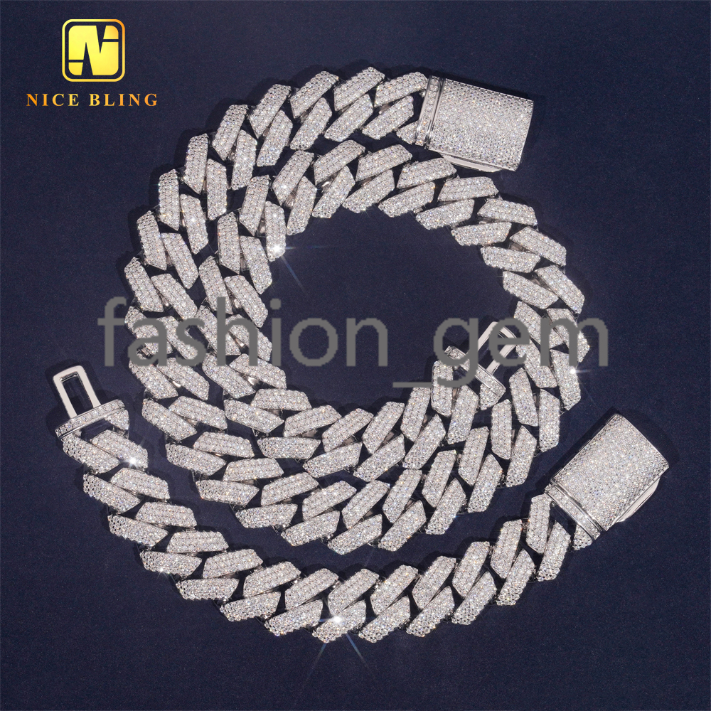 Fancy Design Fashion Hip Hop Jewelry 18mm 925 Sterling Silver Iced Out VVS Moissanite Diamond Cuban Link Chain Bracelet Necklace