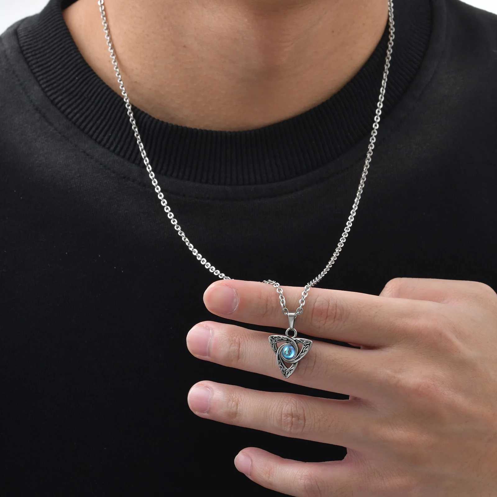 Moonstone Necklace for Men Boys Waterproof Stainless Steel Celtic Knot Pendant Necklace Punk Vintage Jewelry Gifts W250618