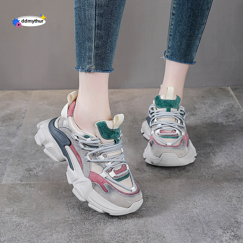 Top Layer Cowhide Dad 2025 Spring and Autumn New Platform Thick Sole Height Increasing Casual Sports Shoes for Petite Women ddmythur