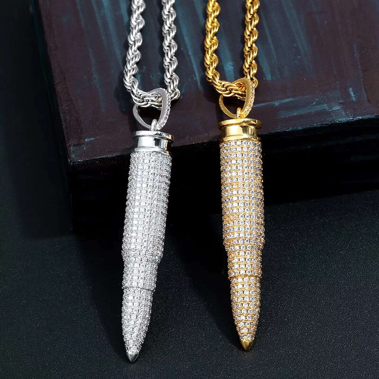 New Arrival 14K Gold Plated VVS Moissanite Diamond Pendant Necklace Bullet Design in Hip Hop Style Iced Gemstone Necklace
