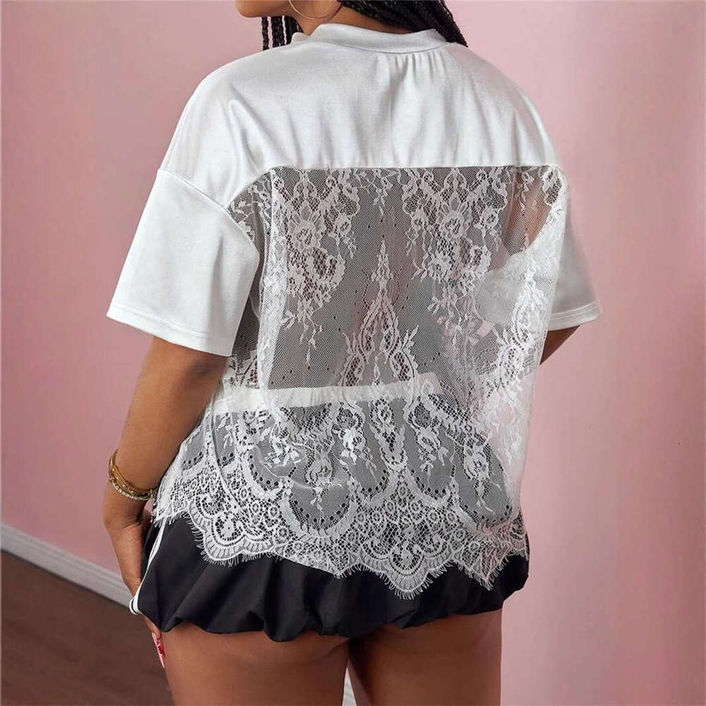 Summer New Women's Printed Loose Casual Street Style Sheer Sexy Lace Patchwork Top B5