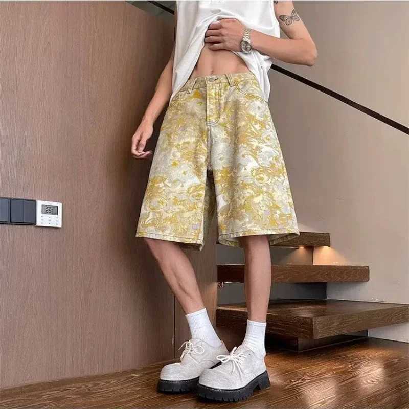 Yellow Tie-Dye All-Over Jacquard Denim Shorts for Men - Summer Thin Style American Retro Loose Straight Camo Five-Point Pants XJ250618