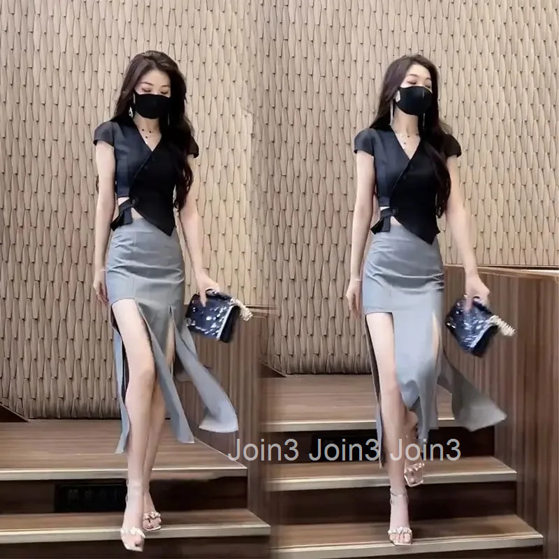Slit Skirt Short Sleeve 2 Pieces Sets for Women Sexy Woman Outfit Clothing Trend 2025 The New Function of Matching Korea Co Ord