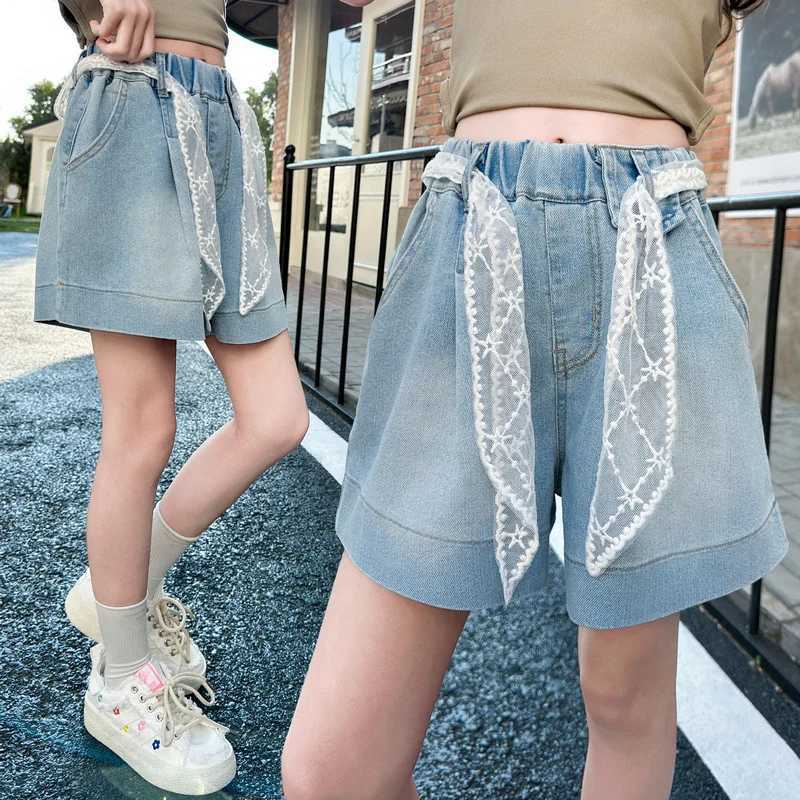Girls lace belt denim shorts 2025 summer new product fashion jeans casual sports shorts 5-15 years oldC250617