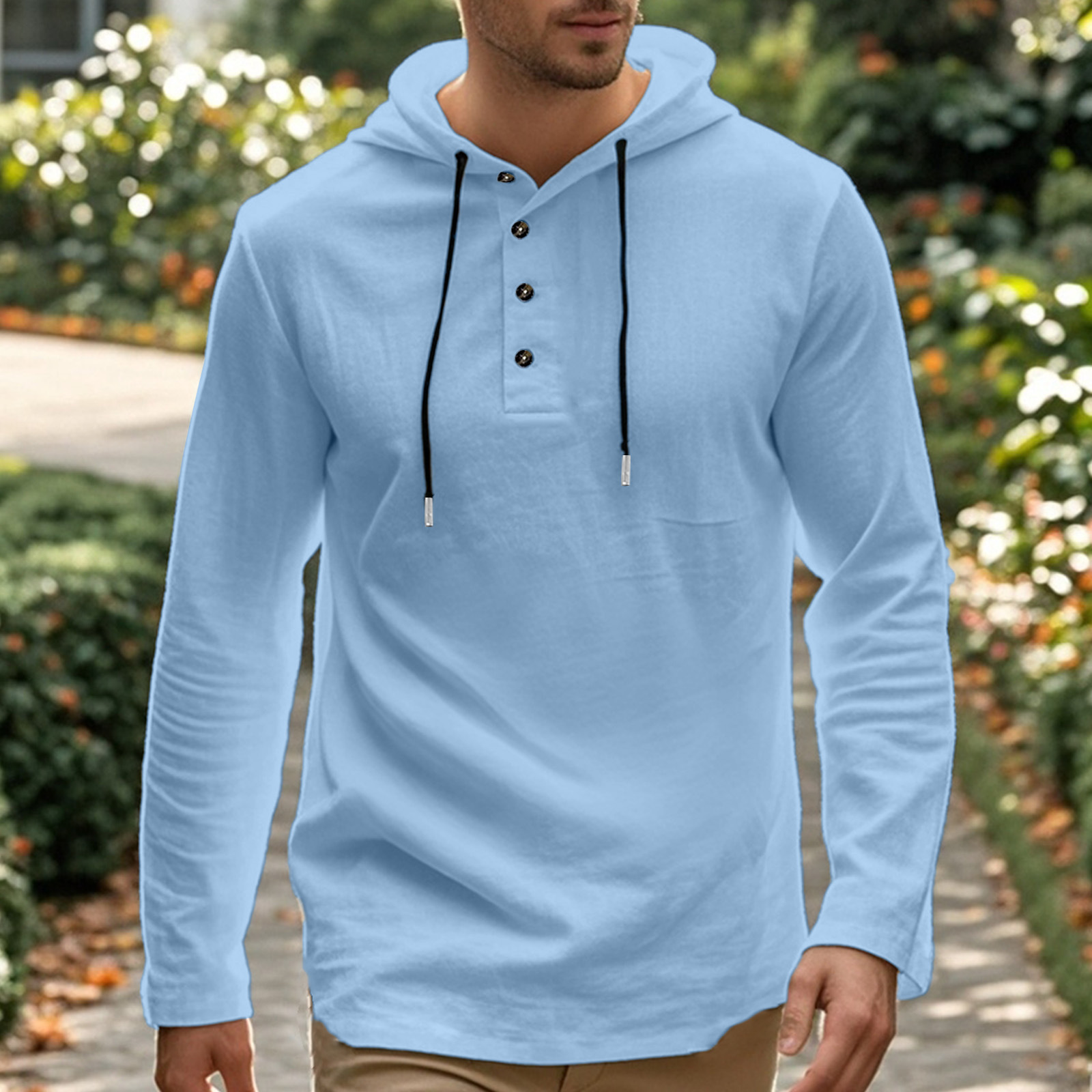 Men's linen T-shirt long-sleeved shirt casual sports top fashionable shirt hooded Henry button loose long-sleeved base shirt European code: S-3XL