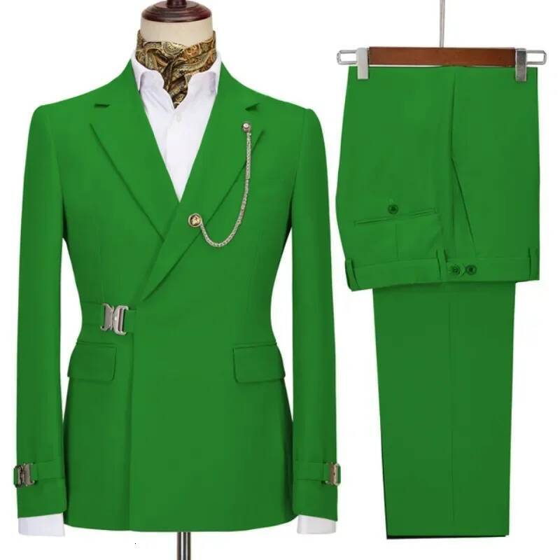 2 Pieces Green Belt Double Breasted Mens Coat Pant Latest Design Wedding Suits Groom Prom Tuxedos Blazer Set