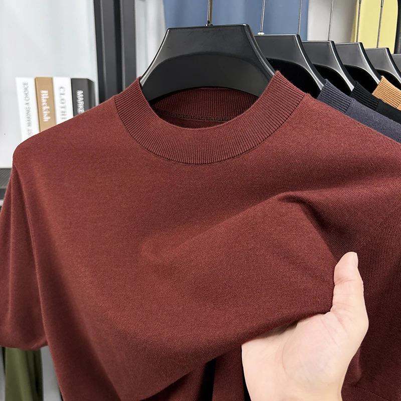 Silk Wool Men Basic Tops Spring Summer Casual Mock Neck Thin Knit Tshirt Short Sleeve Knitwear Pullover Slim Shirts 250617